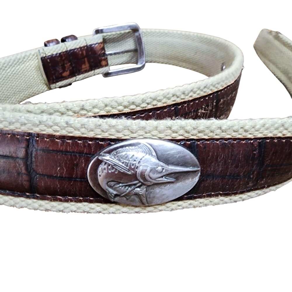 Belt Mens 44 Brown Cotton Leather Webbed Fish Buckle Marine Outdoor Adjustable